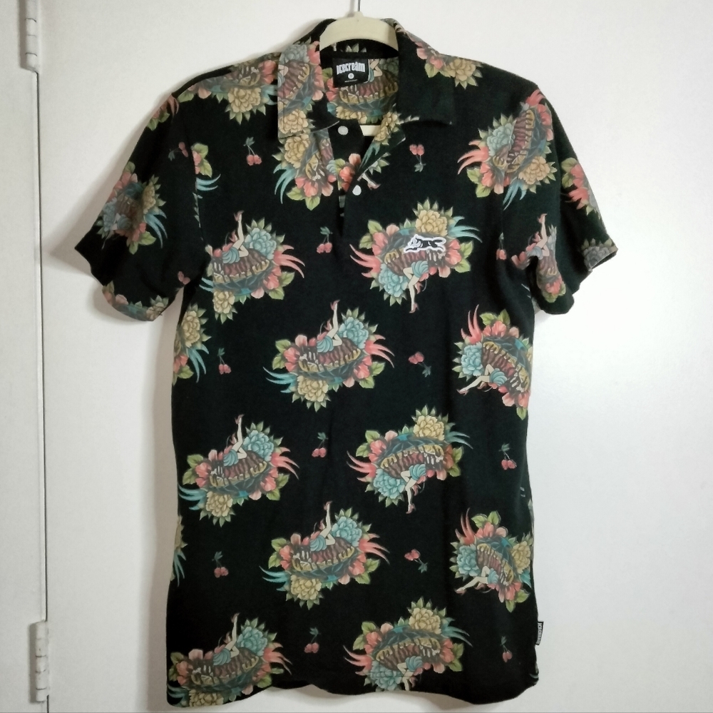 Icecream (Size S) Men's Black Exotic Monogram Print Half Button Collar Polo